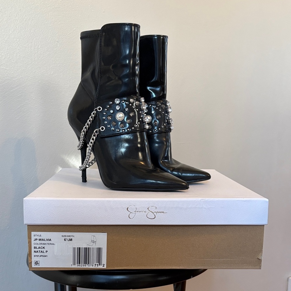 Jessica Simpson Black Heeled Boots with Chain and Pearl Accents